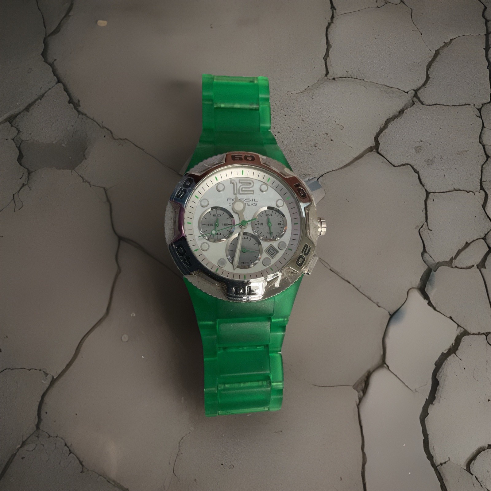 Vintage Men’s Fossil Blue CH-2495 Chronograph Green Transparent Band Watch