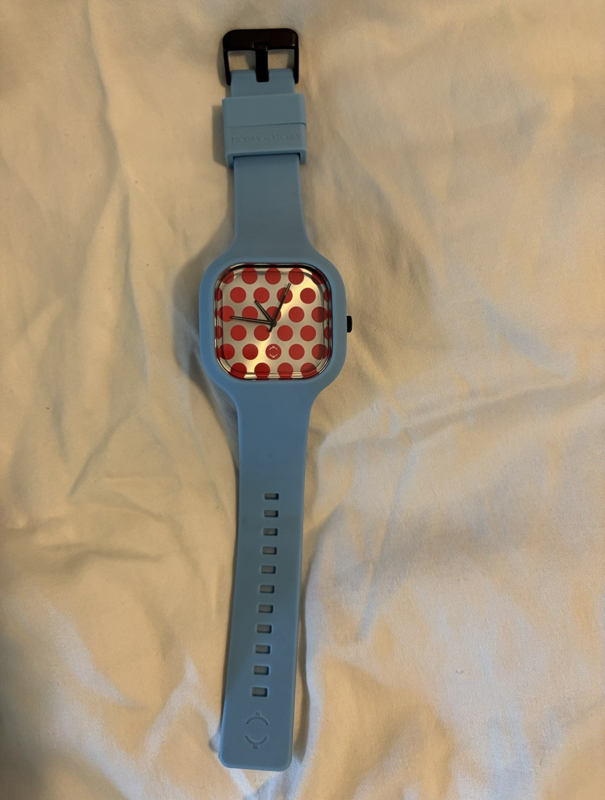 Modify Watches Quartz Square Analog Watch Blue Silicone Strap Red Polka Dot Dial
