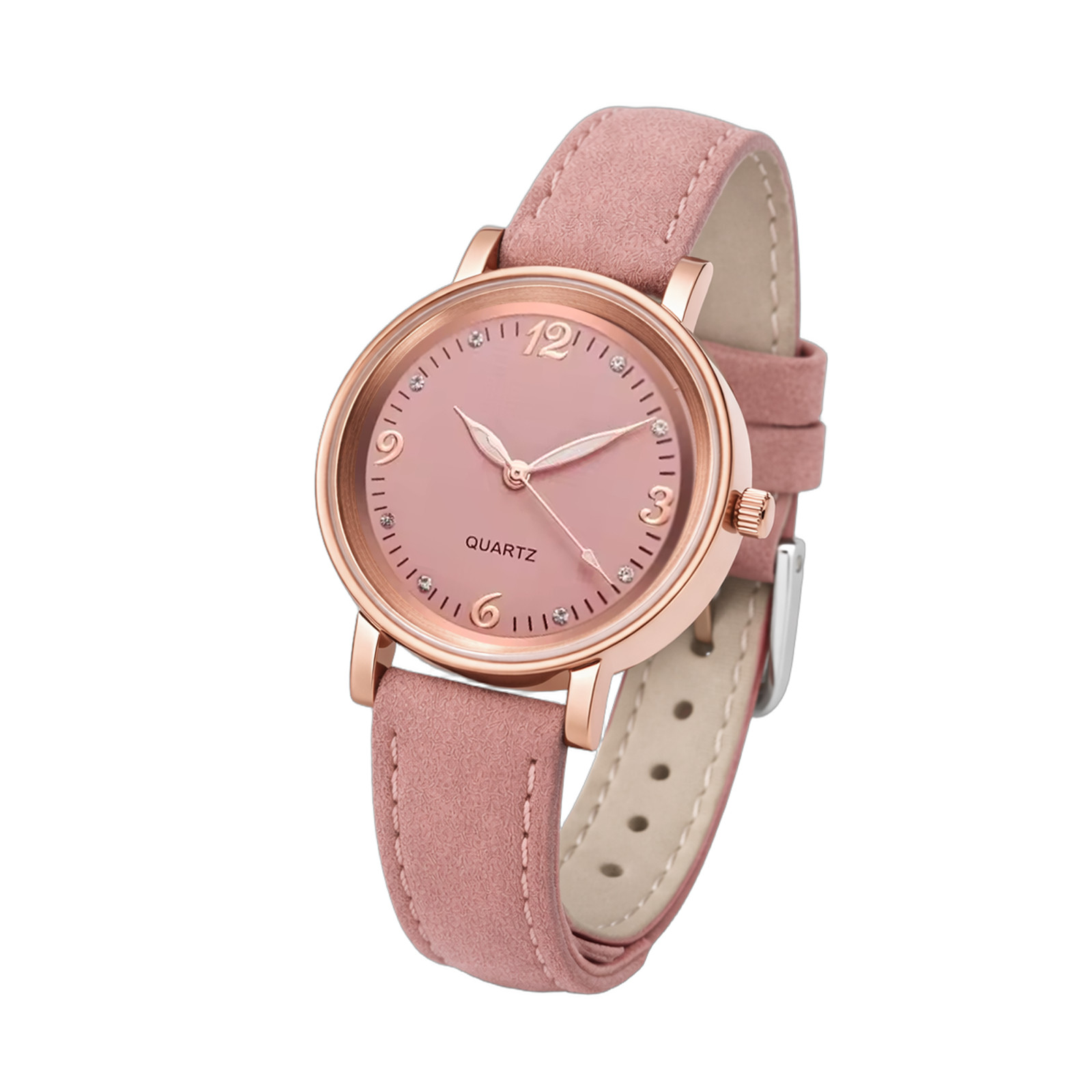 Rose Gold Womens Watch Guava Pink PU Leather Strap Rhinestone Dial Analog Quartz