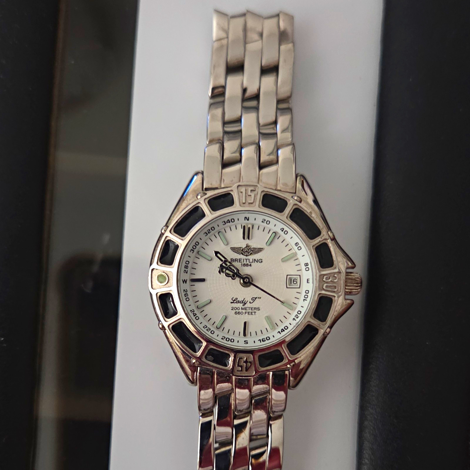 Breitling Lady J 32mm Quartz Wristwatch White Dial Date 200m Steel Bracelet