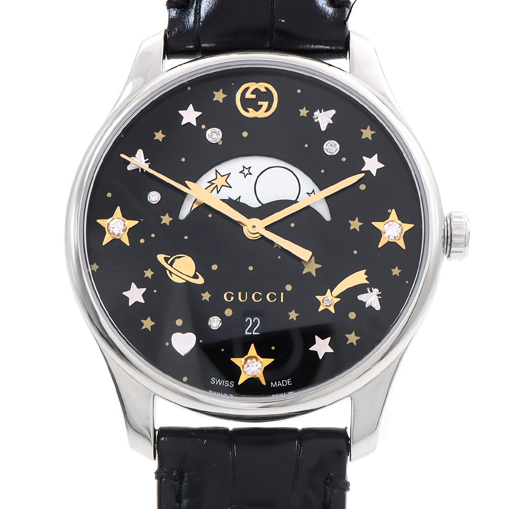 GUCCI G Timeless 126.4 Moonphase 50m Date Black SS Stainless Steel Women Quartz