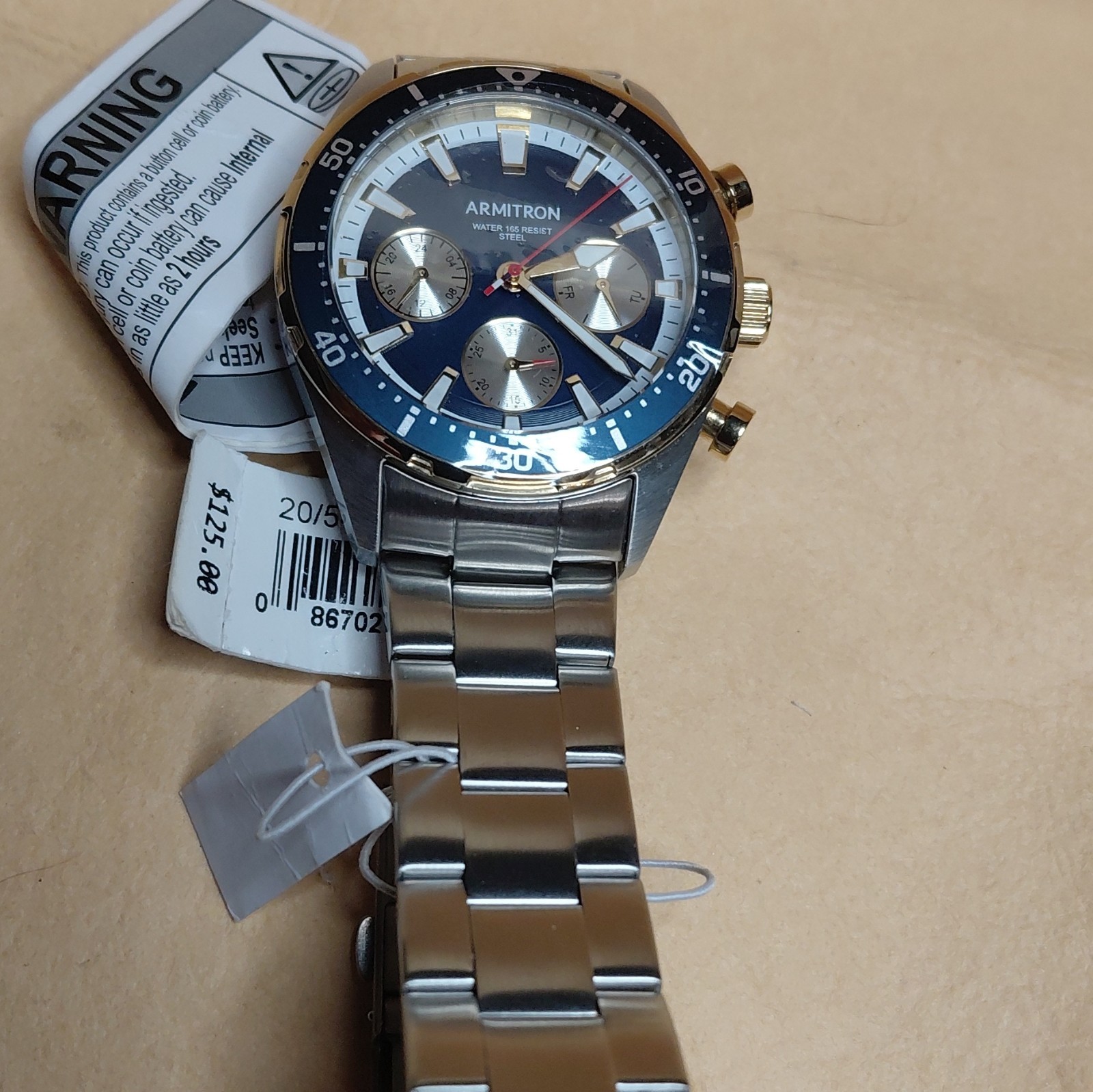 Armitron Quartz Analog Watch, Blue Dial, SS Bracelet, Day/Date, WR 165 ft