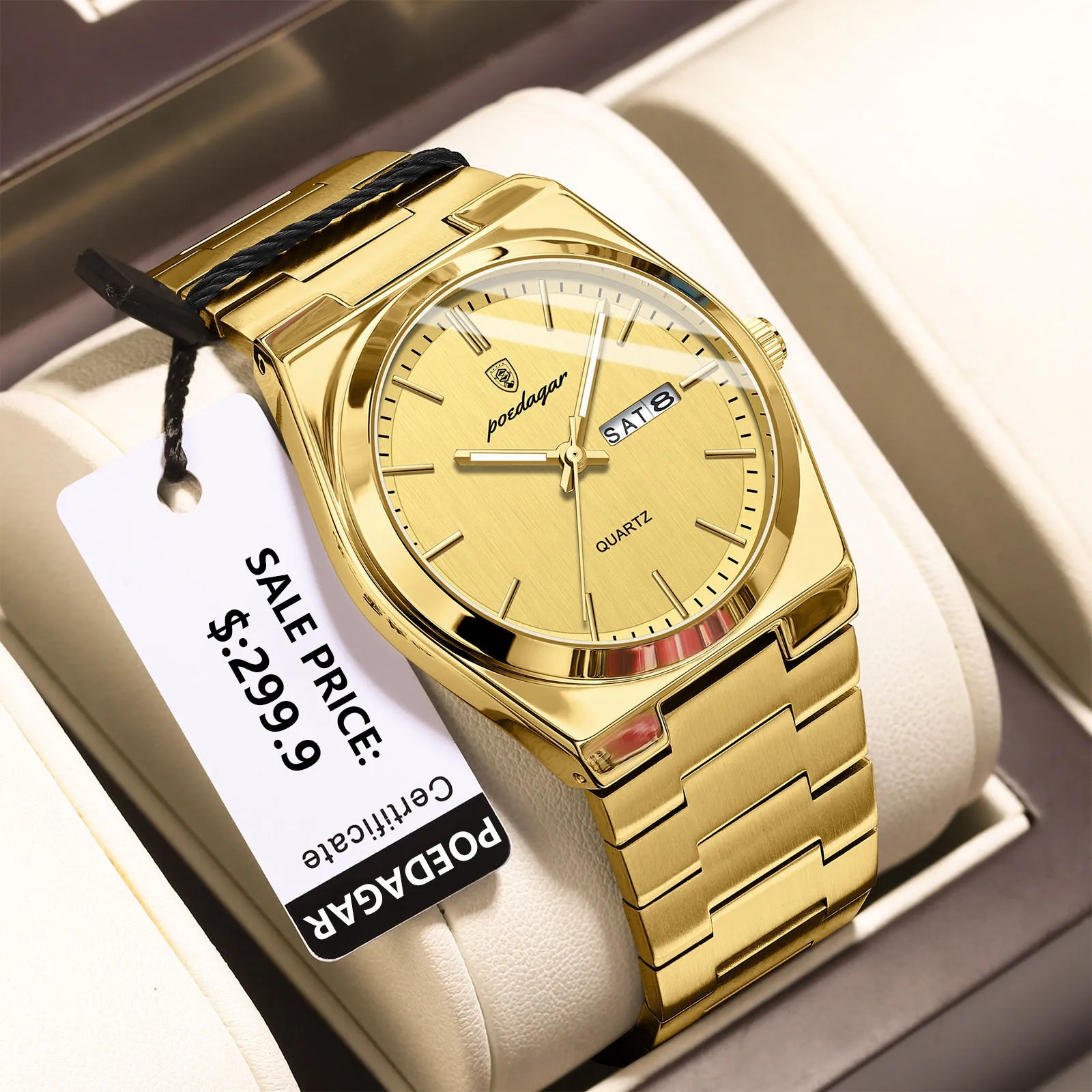 POEDAGAR Men’s Quartz Watch Stainless Steel Waterproof Day Date Luminous
