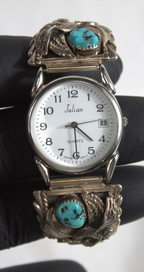 Sterling silver watch tips with turquoise and red coral stones Julian watch