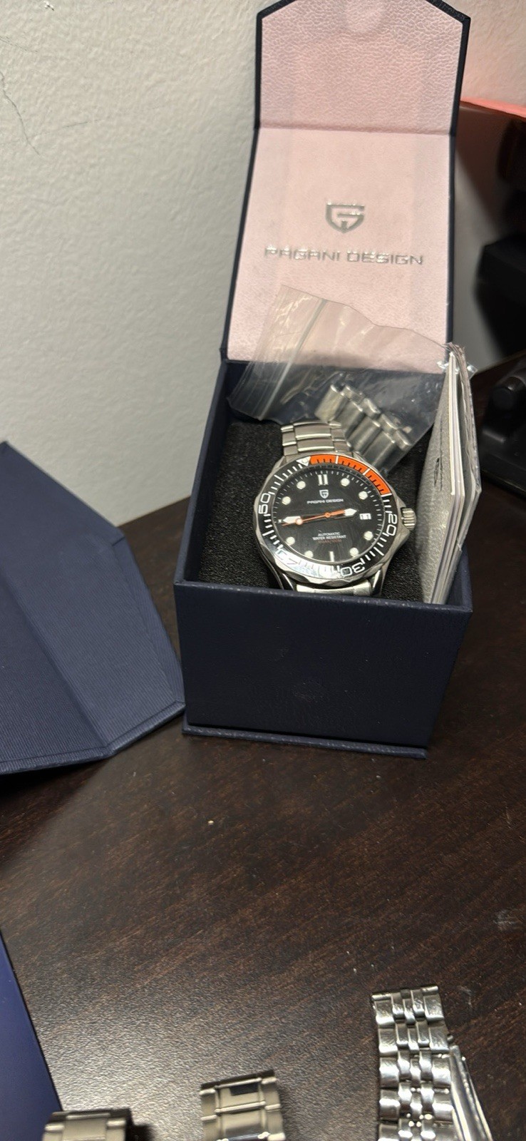 Pagani Design Automatic Diver 100m Date Black/Orange Dial Bezel Steel Bracelet