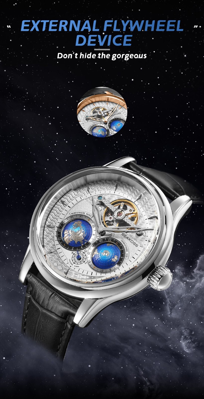 SEAKOSS Men’s Automatic Watch World Time Blue Dial Rose Gold Leather Strap