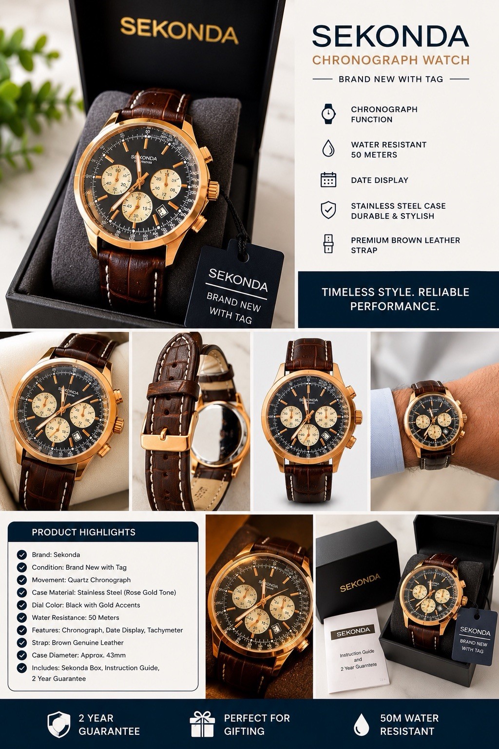 Sekonda Men’s Quartz Chronograph Tachymeter Date Rose Gold Brown Leather 43mm