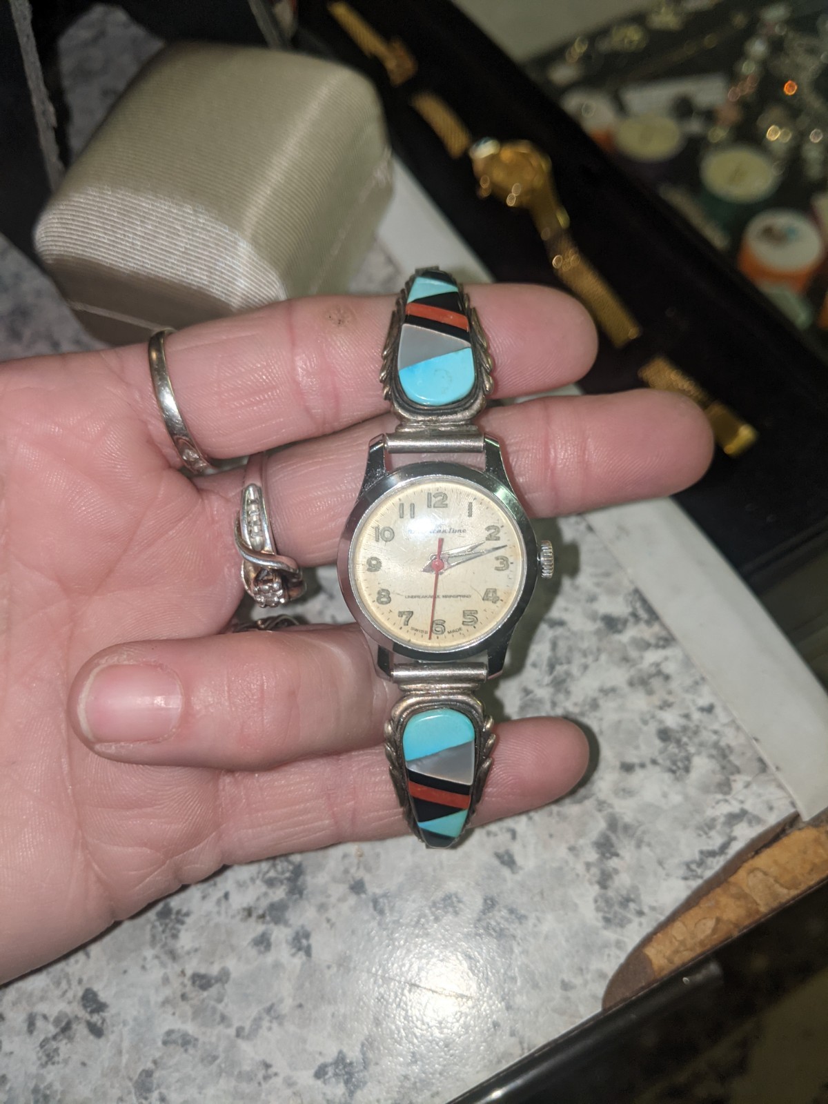 Beautifully Handcrafted Turquoise, Onyx, Coral, Mother Of Pearl Watch American T