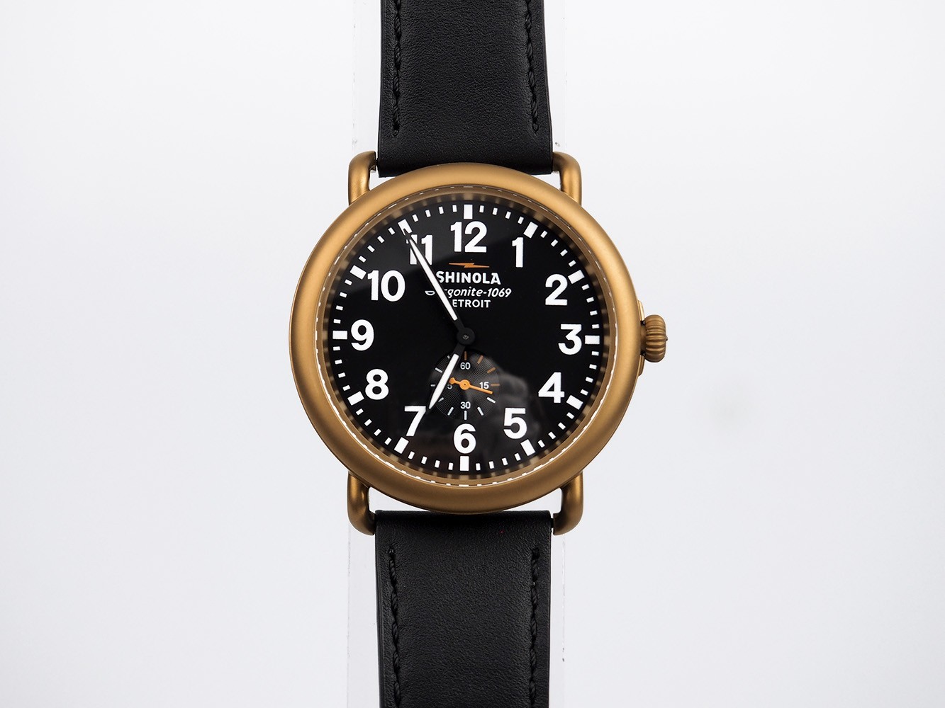 Men’s Shinola Runwell 47mm Gold Black Leather Strap Quartz Watch S0120194492