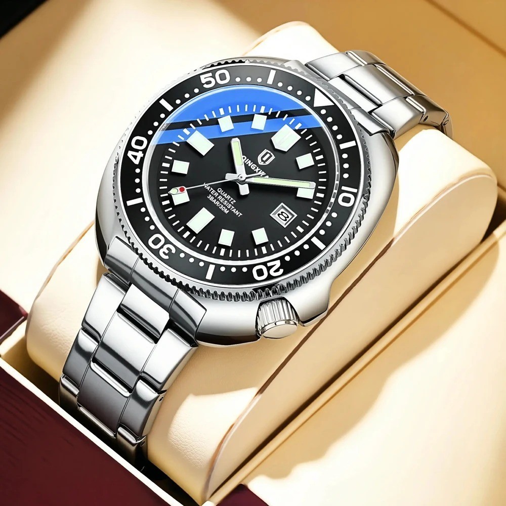 44MM QINGXIYA Tuna Quartz Mens Watch Stainless Steel 30M Waterproof Luminous NEW