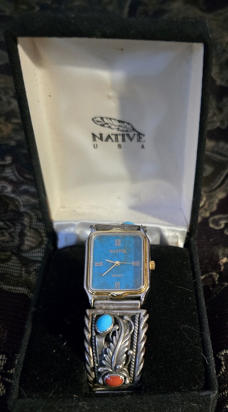 Navajo Native Skywat Co. Ladies Sterling Silver Tuquoise And Coral Watch.