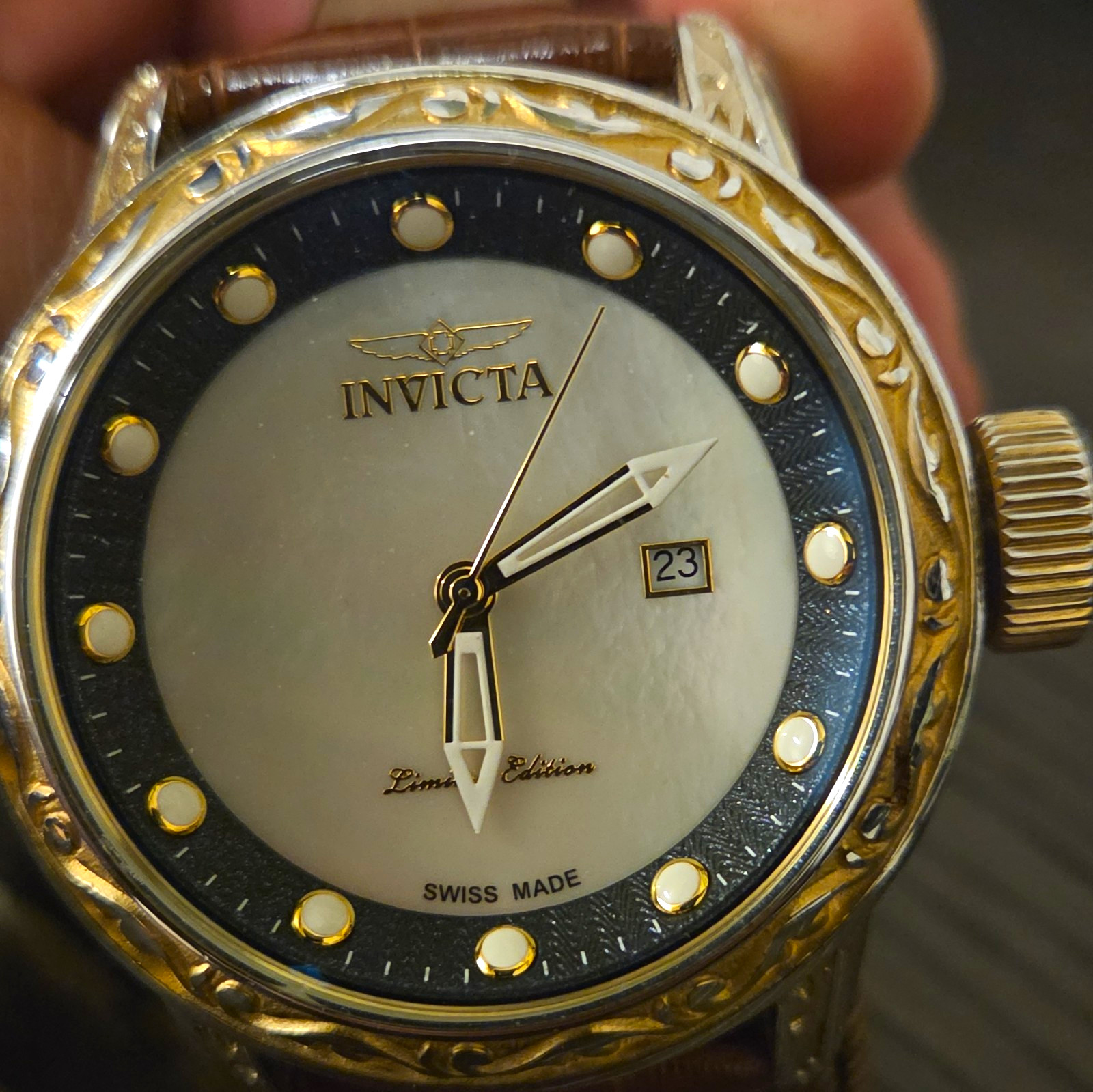 Invicta Men’s Vintage 52mm Automatic MOP Dial White Tone BrwnLeather Strap Watch