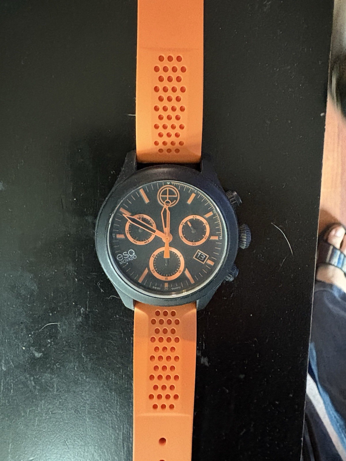 Esq Movado Chronograph Swiss Quartz Watch Black Face Orange Silicone Band