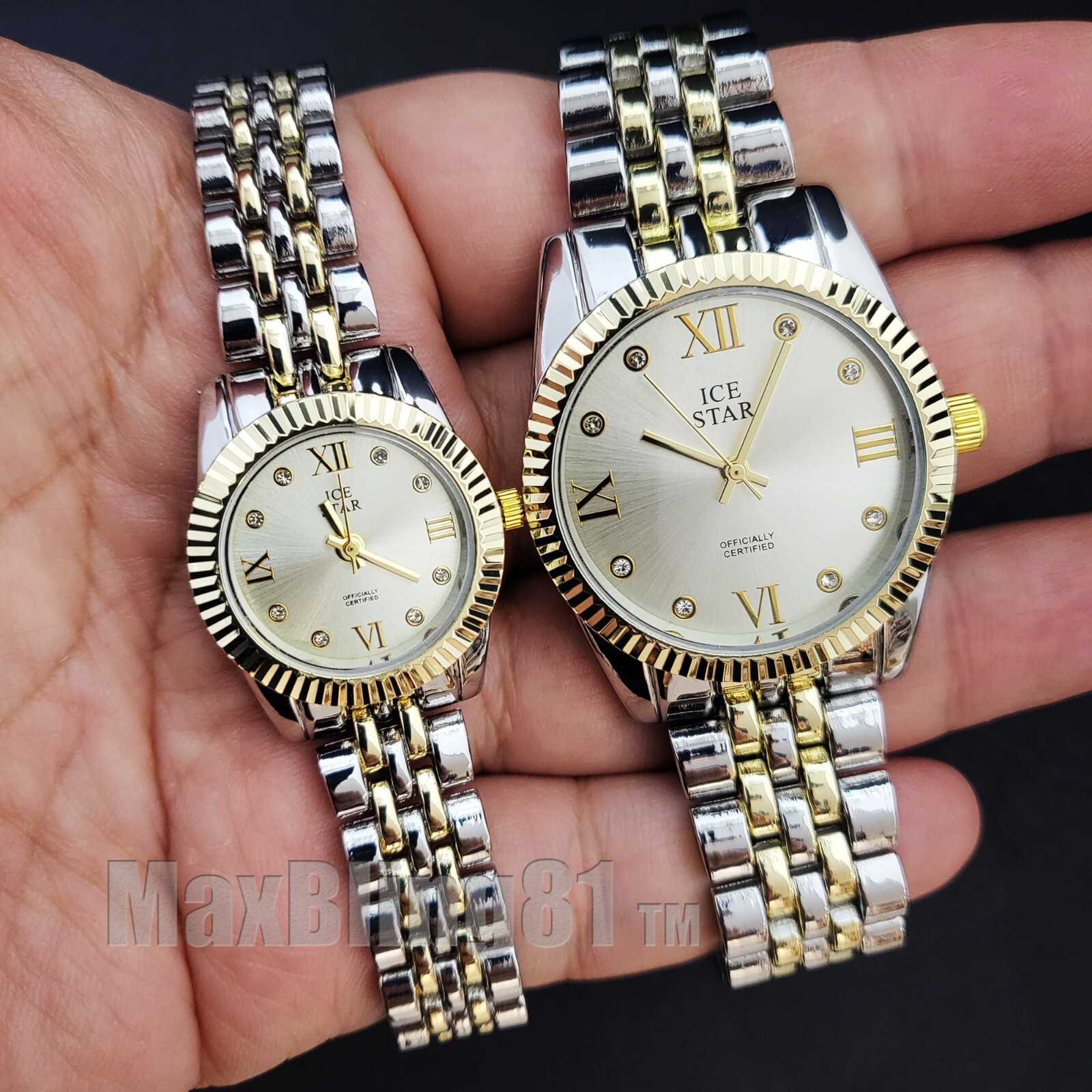 Two Tone Luxury Style Dress Metal Wrist Couple Bling Fashion Watch Gift Set