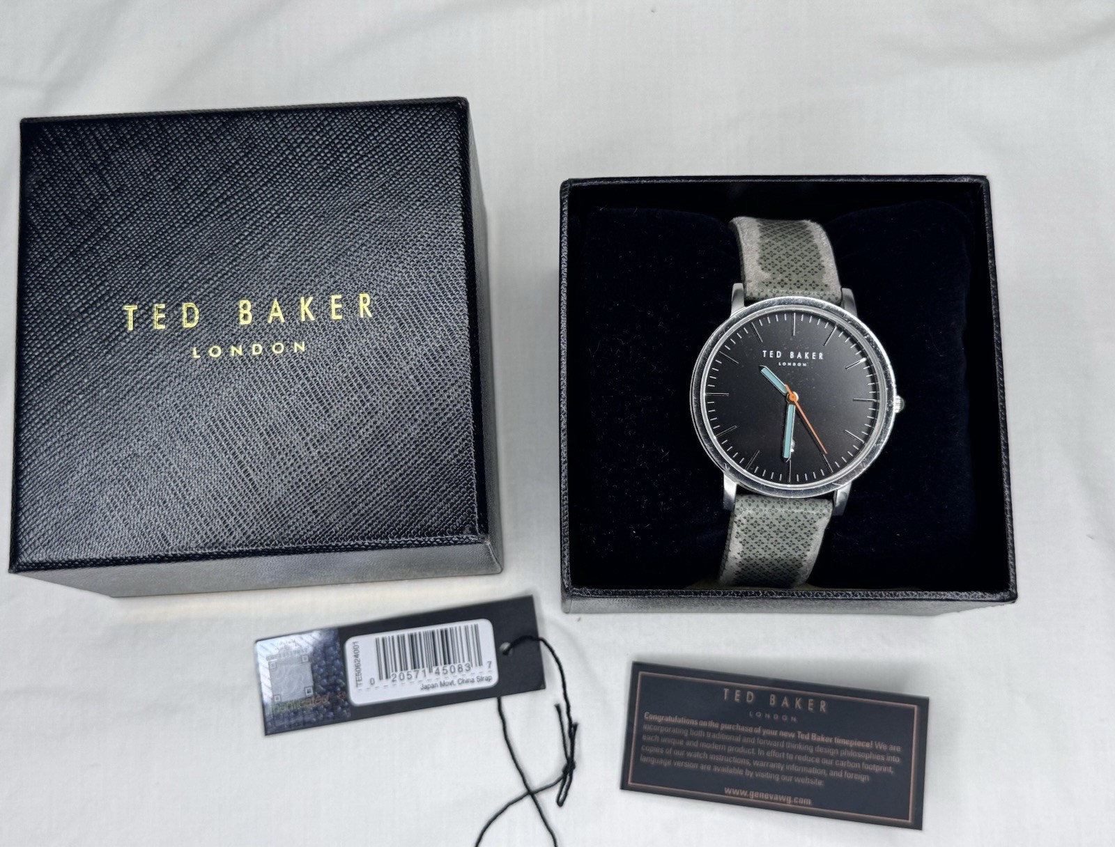 Ted Baker Graham Mens Watch 40mm Black Dial Gray Leather Date TE50624001
