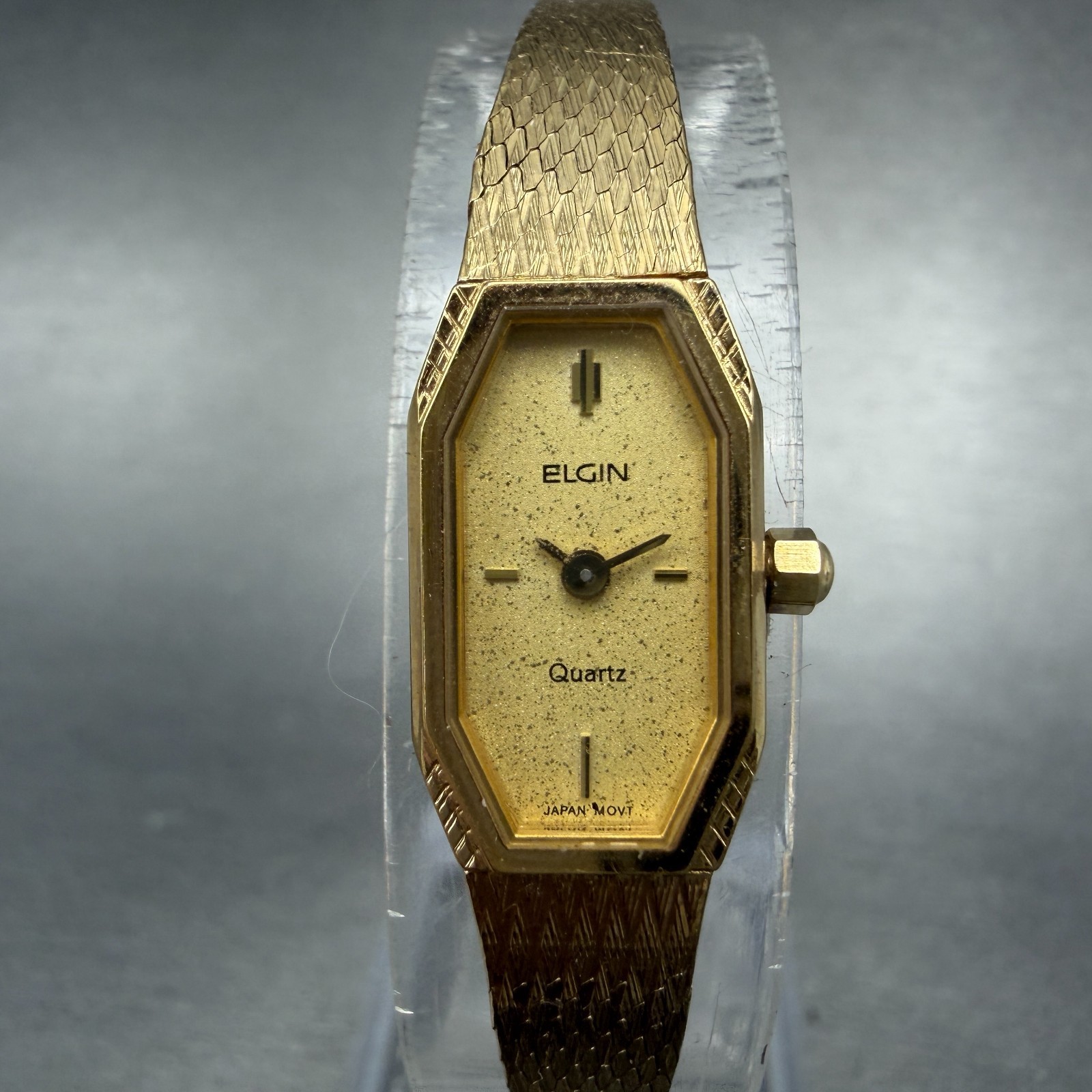 Elgin Watch Women 11mm Gold Dial Gold Tone Octagon New Battery Mesh band NOS