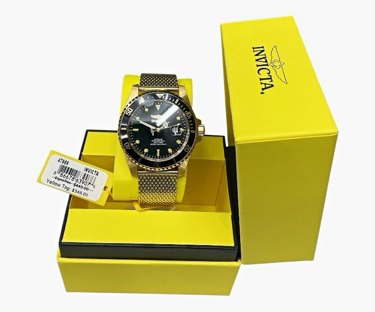 Invicta Pro Diver Men’s Quartz 200m 40mm Gold Mesh Black Dial Date w/Box