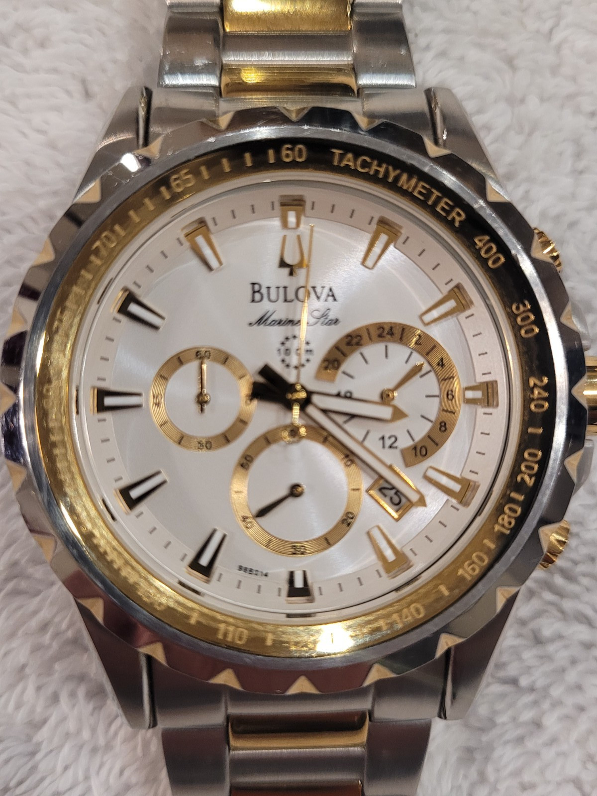 Bulova Marine Star 98B23 Men’s Chronograph Watch Two Tone White Dial Quartz
