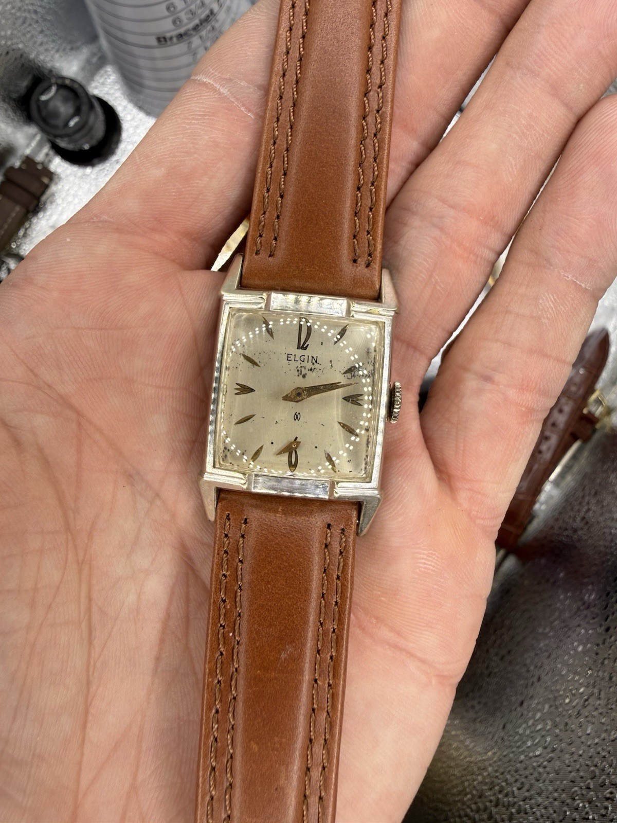 Elgin Rectangular Analog Silver Dial Baton Indexes Brown Leather Strap