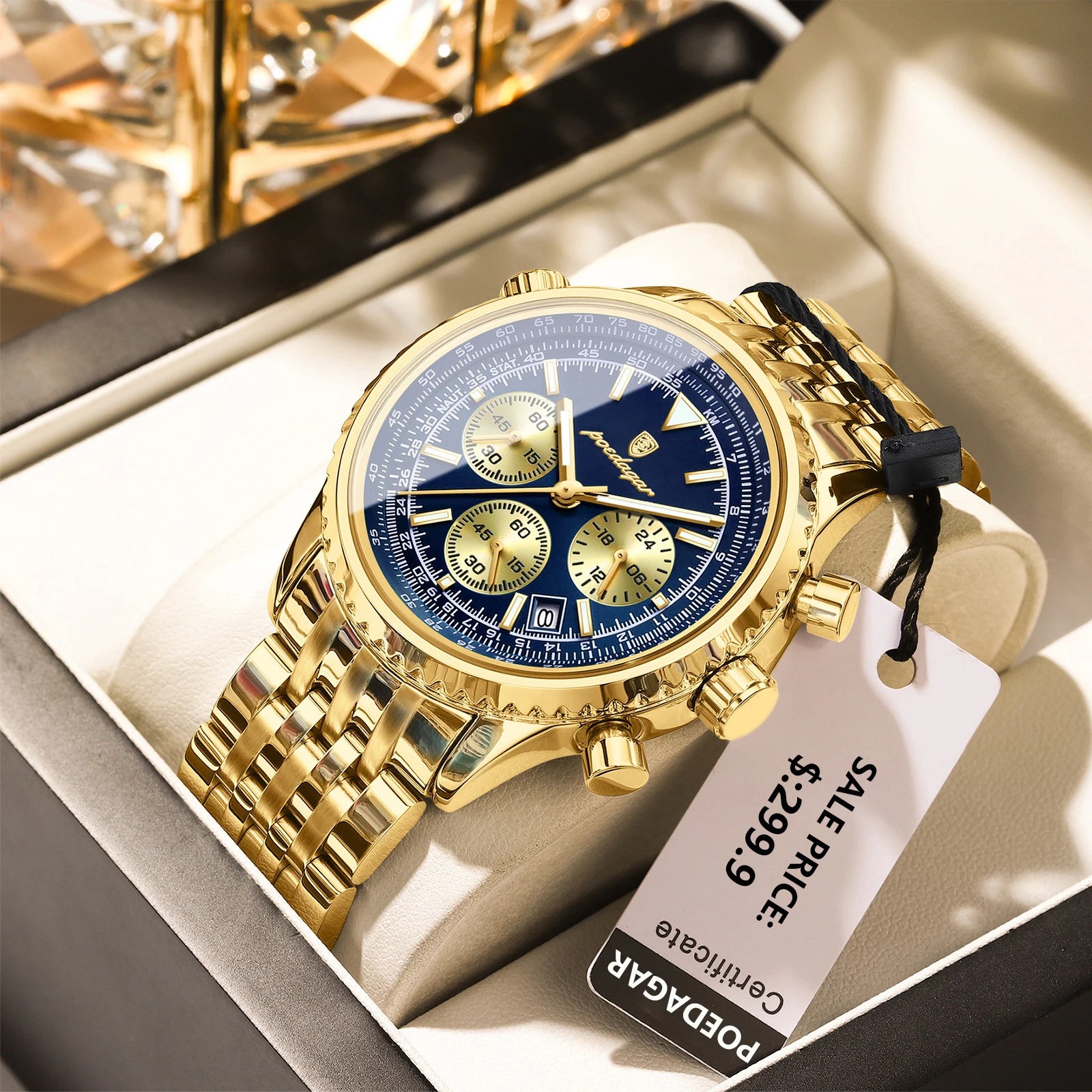 POEDAGAR Men’s Quartz Chronograph Watch Stainless Steel Waterproof Luminous