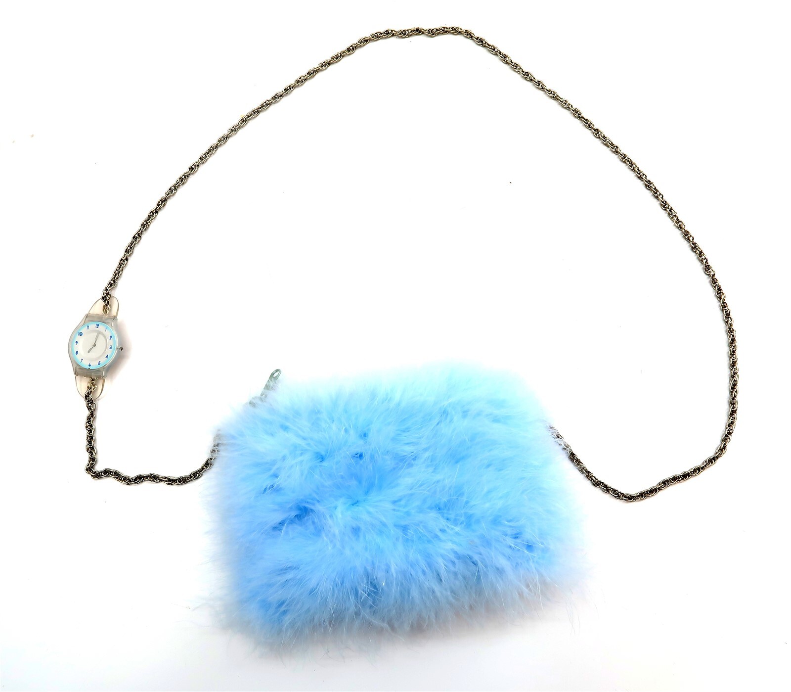 NEW Swatch Skin Watch WHERE IS THE BAG SFW130P NOS 2001 Womans Blue Furry Purse