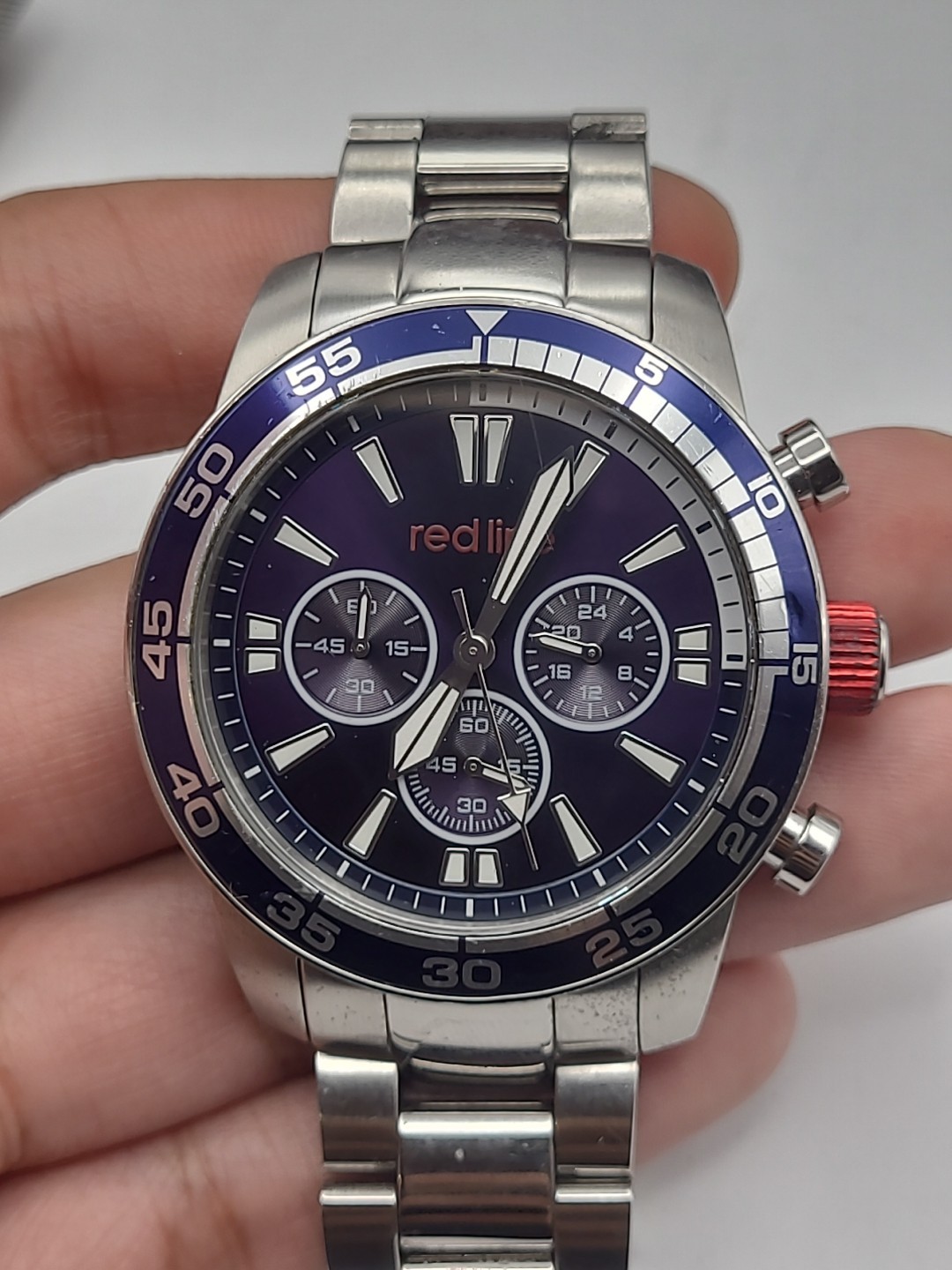 Red Line Men’s Analog Quartz Watch Chronograph Dark Blue Dial New Battery Works