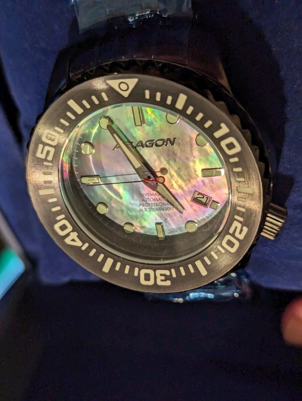 ARAGON DIVEMASTER EVO IP Black 45mm Automatic Platinum MOP NH35 24 Jewels