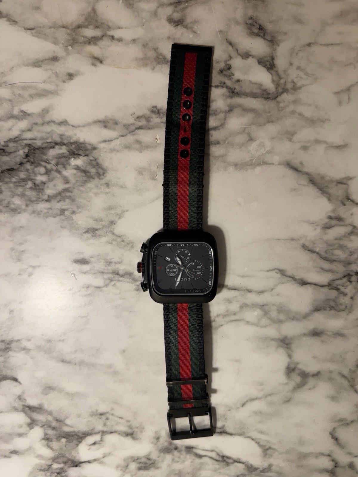 Gucci Square Black Dial Quartz Chronograph Date Watch w/ Green Red Nylon Strap