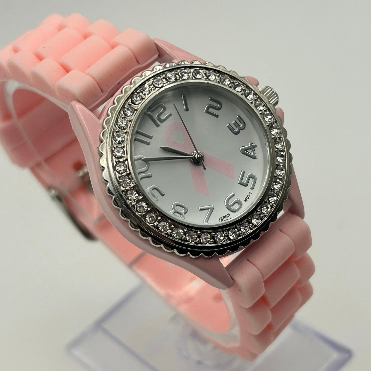 Geneva Ladies Crystal Rhinestone Breast Cancer Awareness Watch New Battery