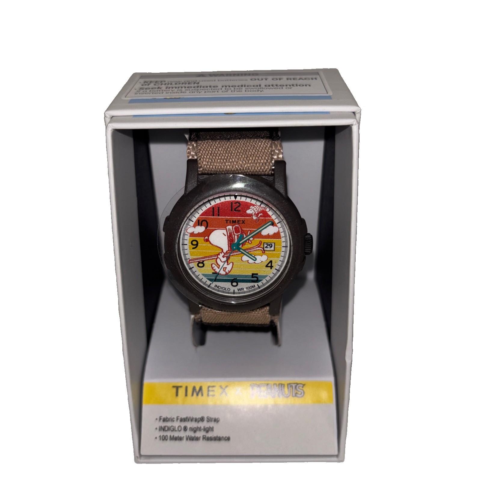Timex TW4B34900, Peanuts Weekender Tan Slip Thru Fabric Watch, Date, NEW