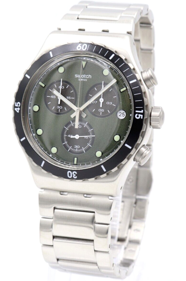 New Swiss Swatch Irony BACK IN KHAKI Green Chrono Date Watch 45mm YVS488G $225