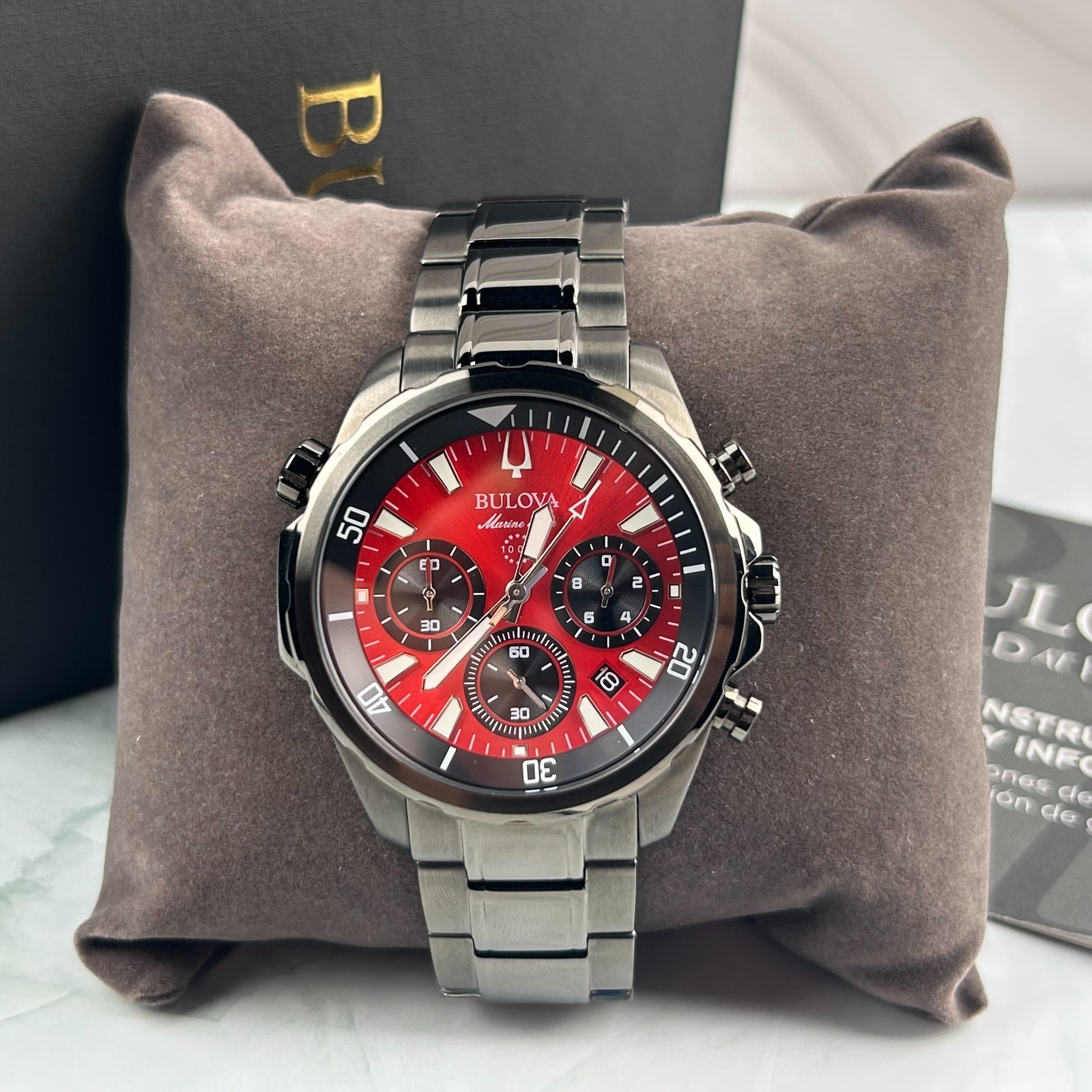 Bulova Marine Star 98B350 Red Dial Gray Band Chronograph Men’s Quartz Watch 43MM