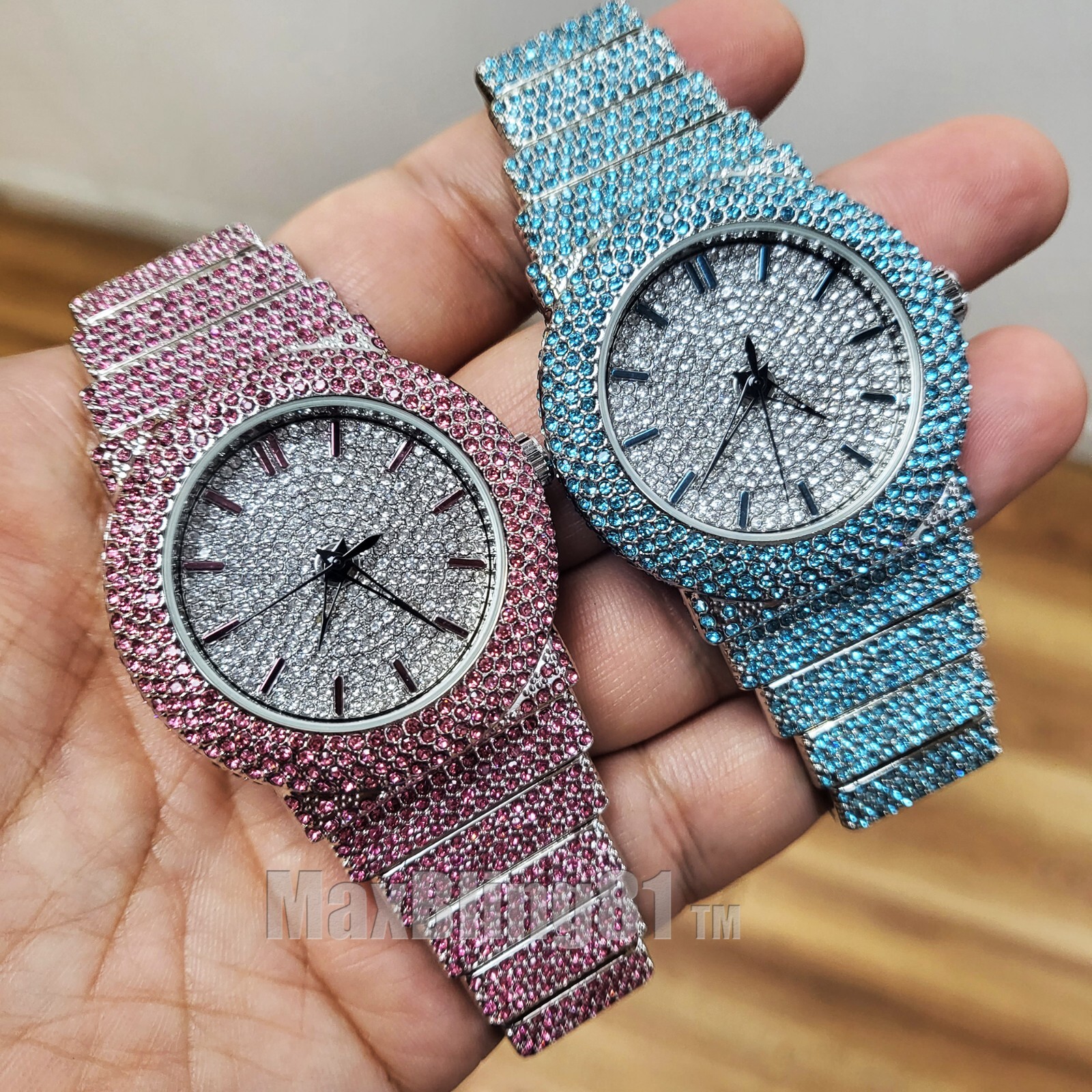 Women Pink / Blue Watch Round Luxury Chandelier Hip Hop Lab Diamond Full Iced