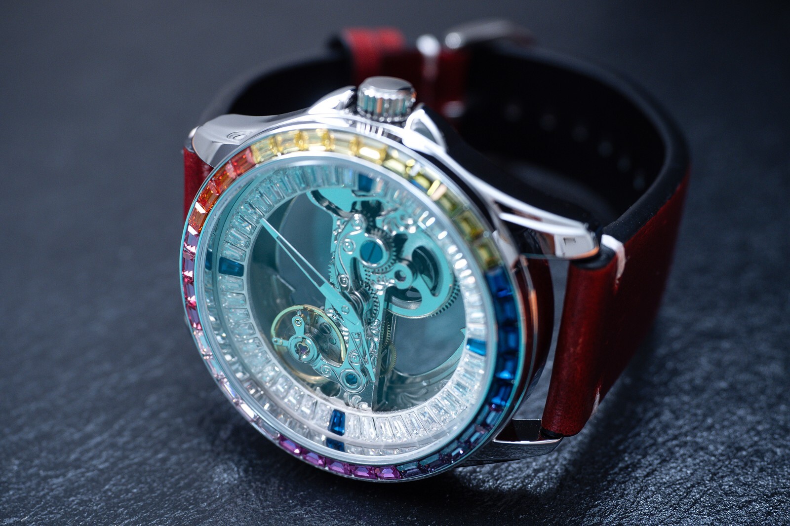 Mens Silver Automatic Mechanical Watch Bridge Rainbow Cubic Oil Waxed Dark Red