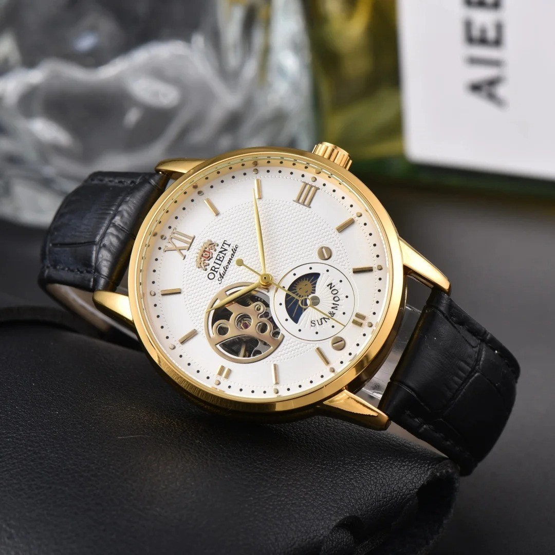 Sun & Moon Semi Skeleton Automatic Watch Men’s Leather Strap Luxury Gift