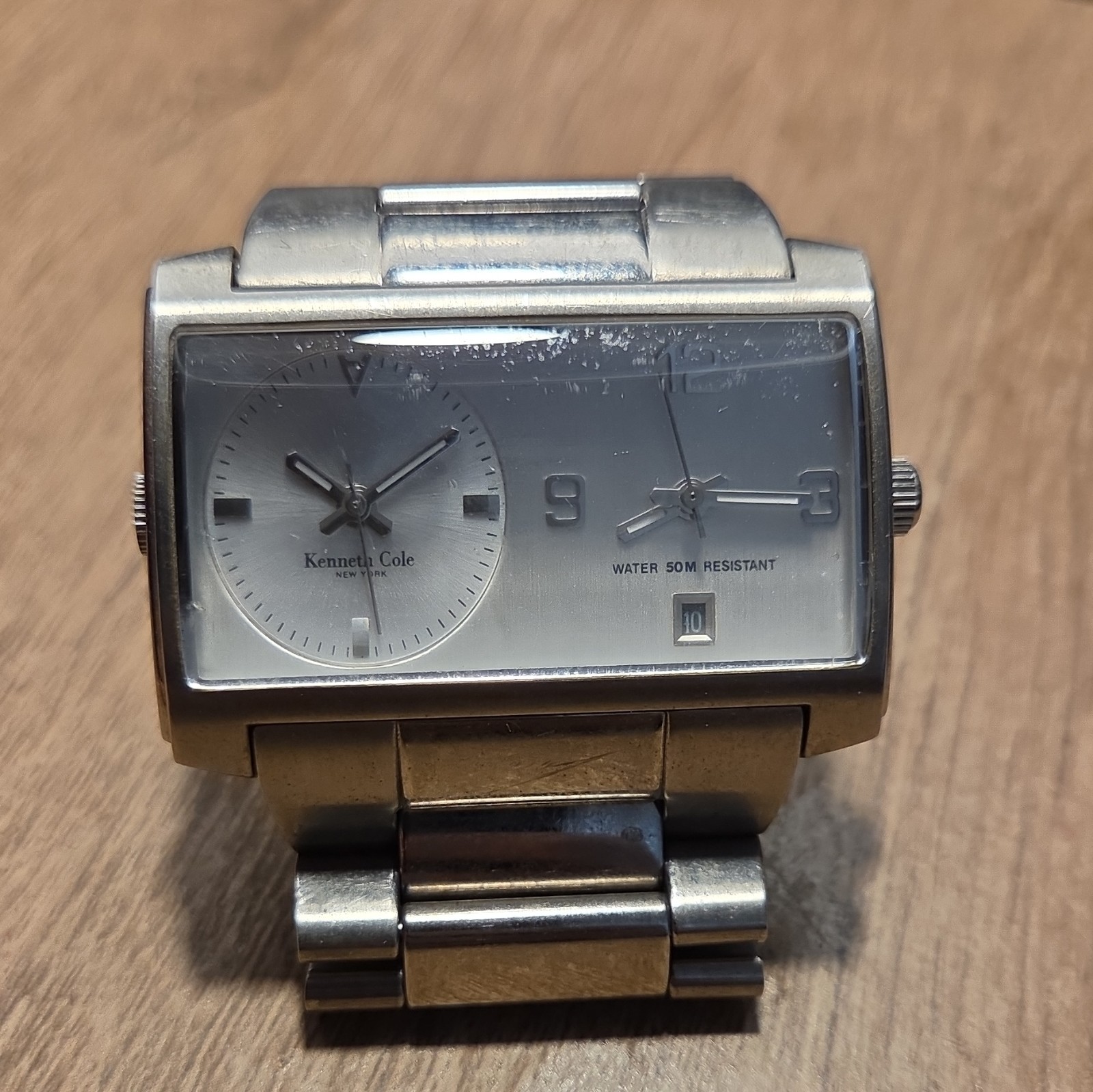 Kenneth Cole Reaction Dual Time Silver Dial Date 50m SS Bracelet Watch