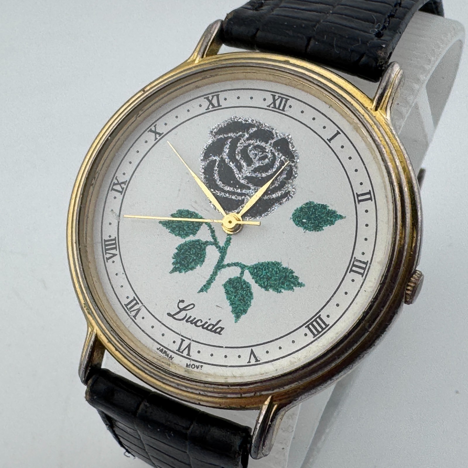 Vintage Lucid Quartz Watch Men Gold Tone Leather Flower Dial Analog New Battery