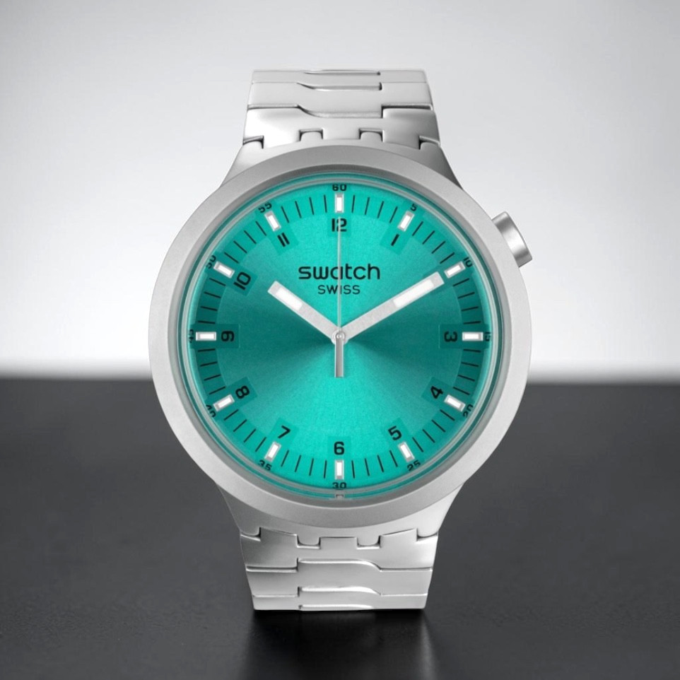 New Swiss Swatch BIG BOLD IRONY AQUA SHIMMER Stainless Steel 47mm SBO7S100G Tur