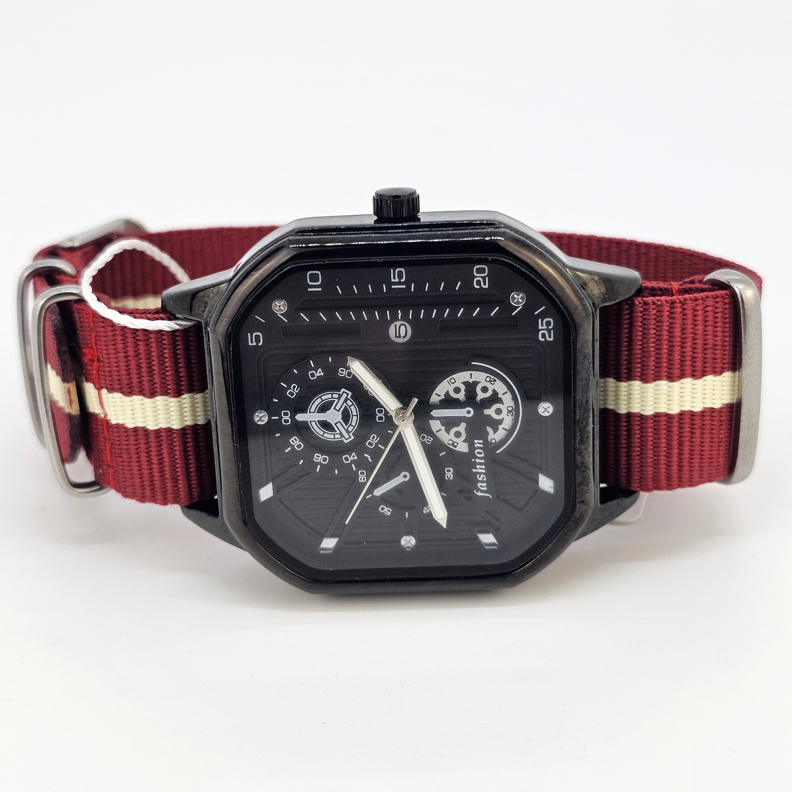 42MM Watch Men Black Dial Date Indicator Red Cream Canvas Band New Battery