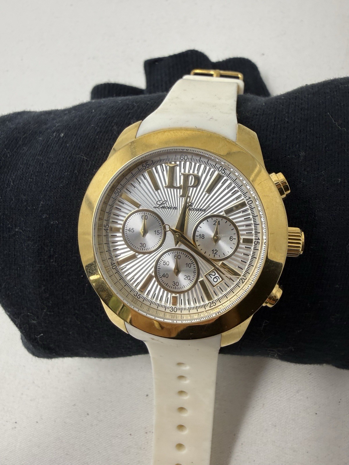 Lucien Piccard LP Chronograph Watch White Dial Silicone Strap Runs New Battery
