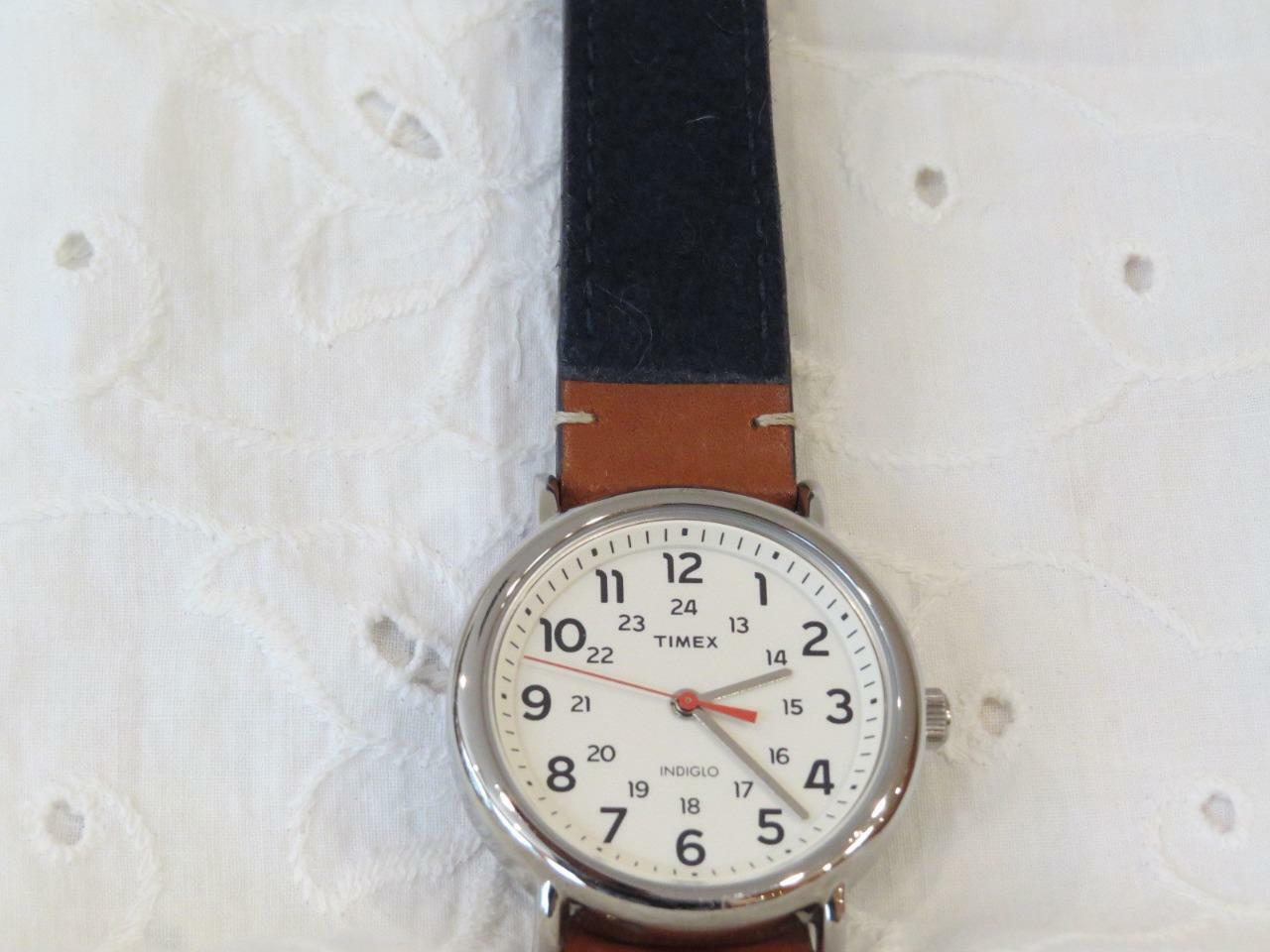 Men’s Timex Indiglo Watch Blue Fabric & Brown Leather Band 24 Hr NWOT