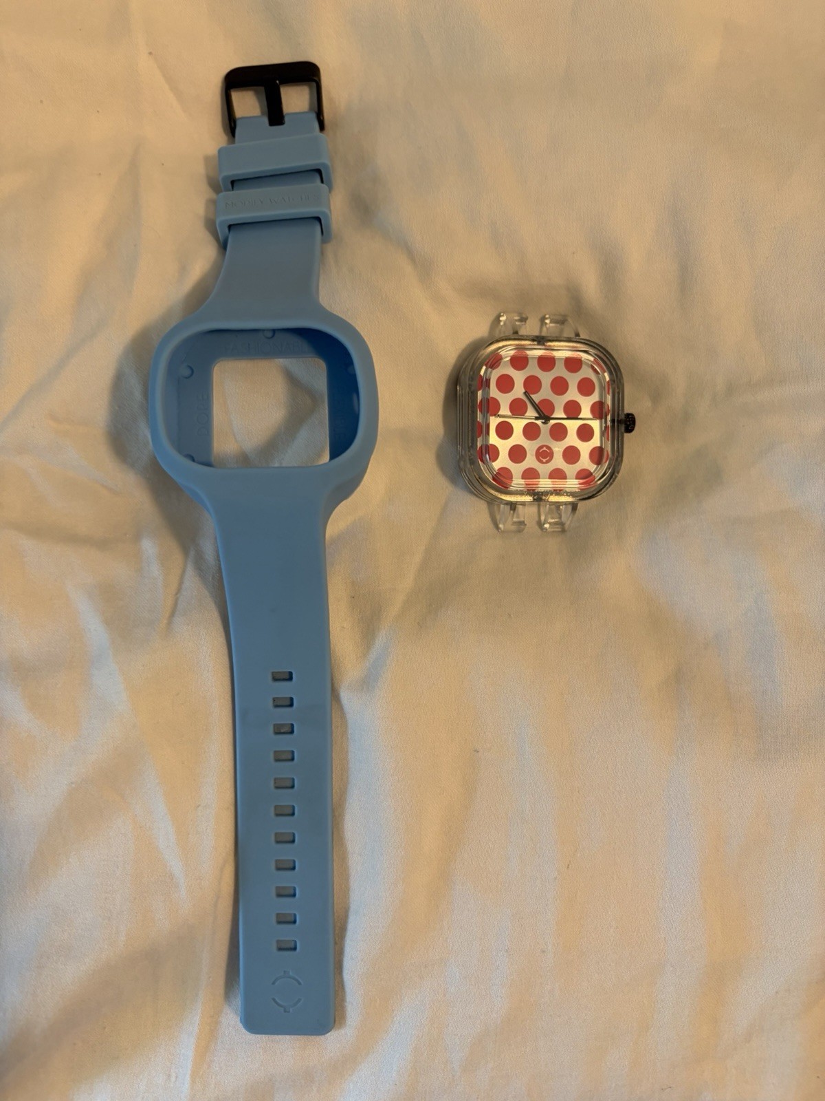 Modify Watches Quartz Square Analog Watch Blue Silicone Strap Red Polka Dot Dial