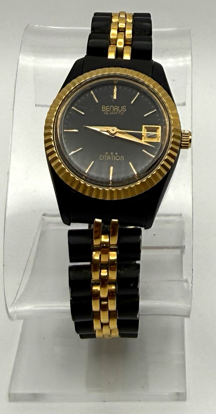 Womens Benrus Citation Quartz Two-Tone Metal Bracelet Black Dial Date Watch