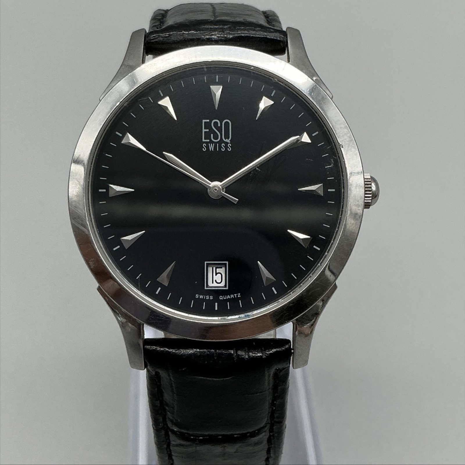 ESQ Movado Swiss E5203 Mens Watch 35mm Black Dial Leather Date New Battery