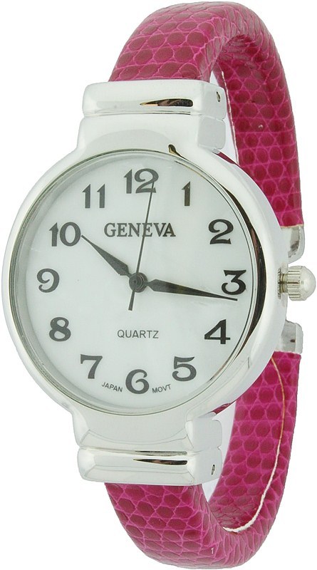 NEW GENEVA FUCHSIA,SILVER METAL WRAPPED LEATHERETTE BANGLE CUFF MOP DIAL WATCH