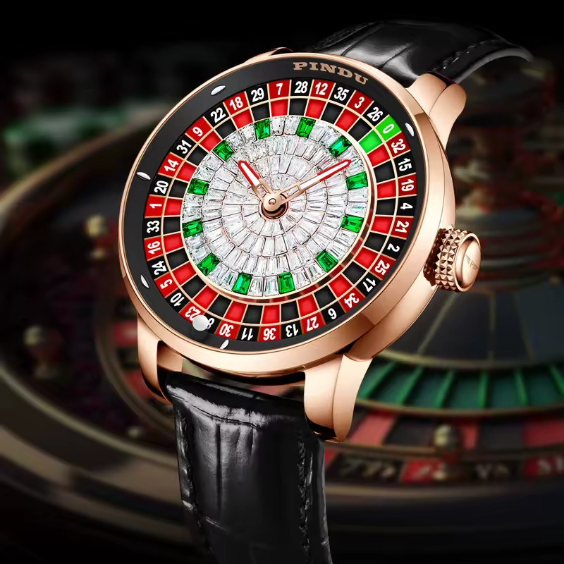 🔥USA PINDU Design NH35A Rotary Roulette Casino Mechanical Watch Leather P6616