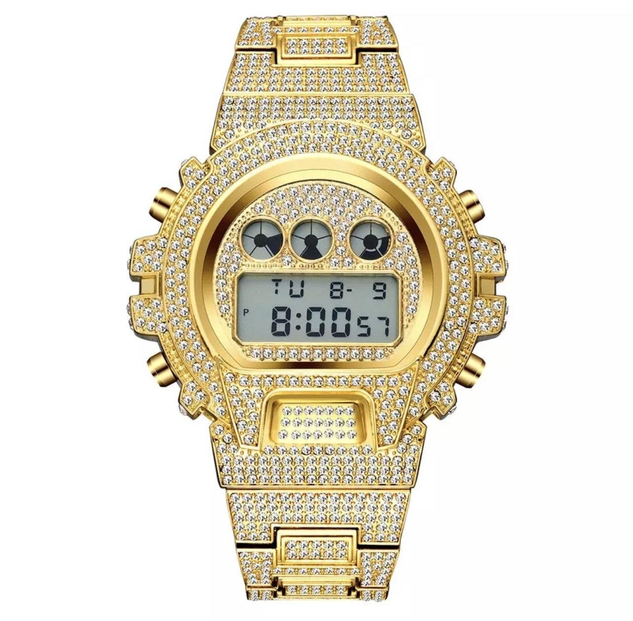 Blekon Original Men’s Gold Fully Iced Out Bling Digital Dial SS Bracelet Watch