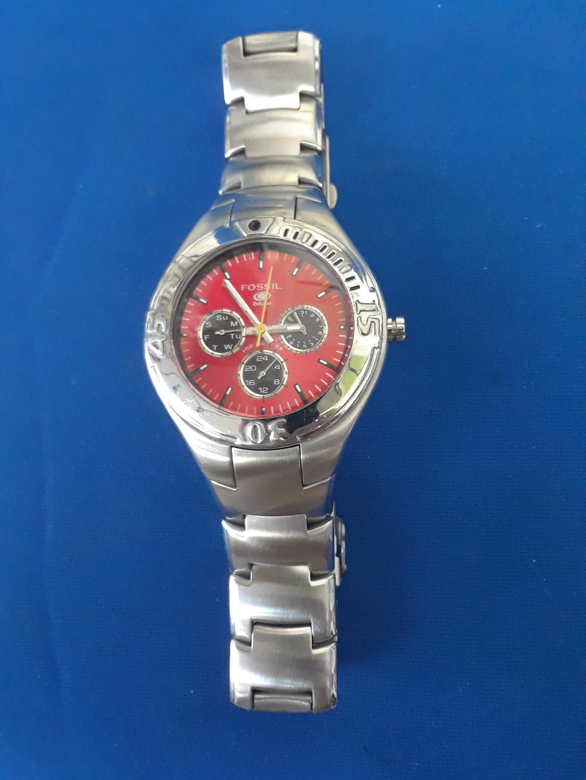 FOSSIL BLUE MEN WATCH BQ 9101SILVER TONE RED DIAL