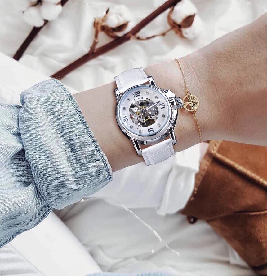 Womens Automatic Transparent Skeleton Luxury Leather Band Ladies Watch Gift Idea