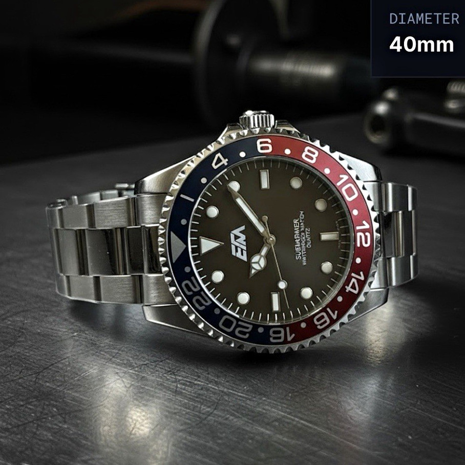 ETM 40mm Quartz Wristwatch Date Black Dial Red/Blue Bezel Steel Bracelet